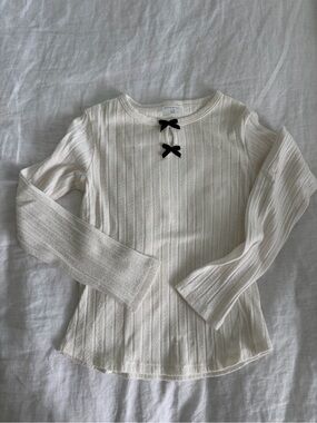 Girls' Cream Ribbed Long-Sleeve Top with Black Bow Detail